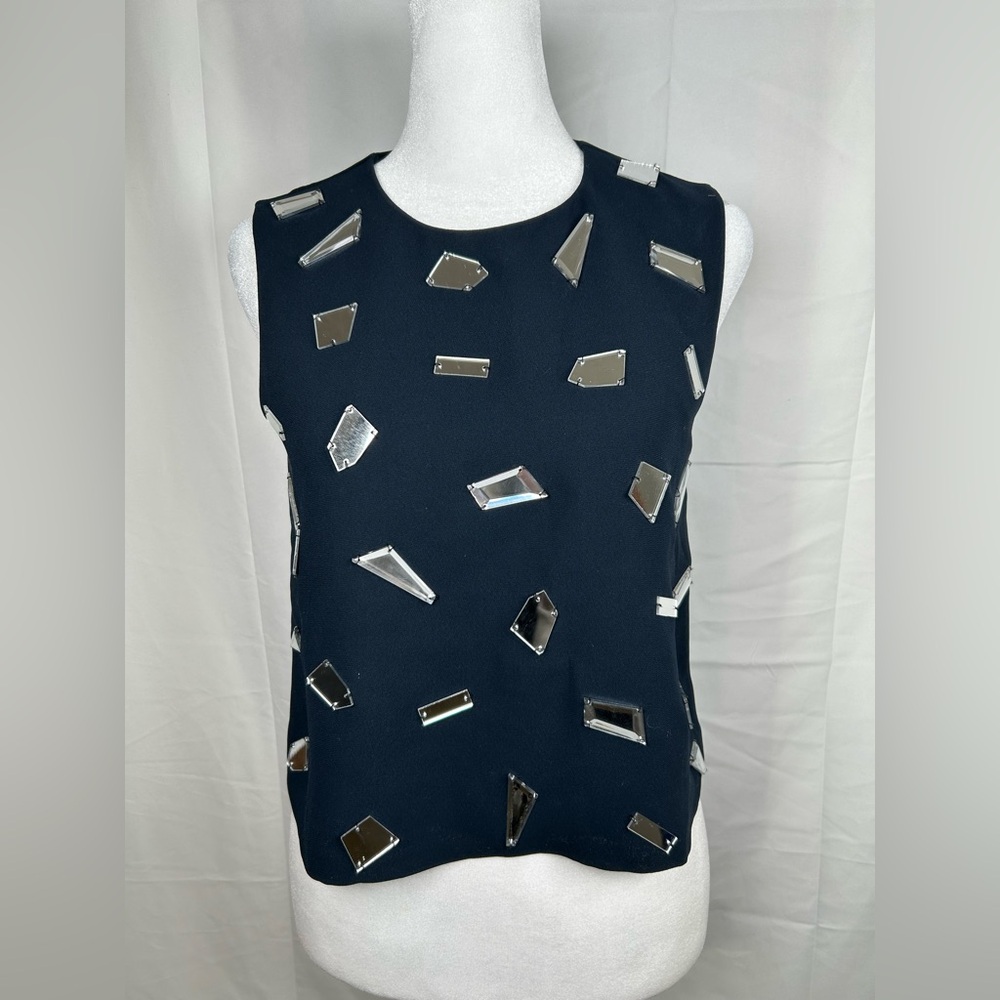 Whistles Savannah Embellished Mirror Top Women’s Size 4 Navy Blue Tank Zipper